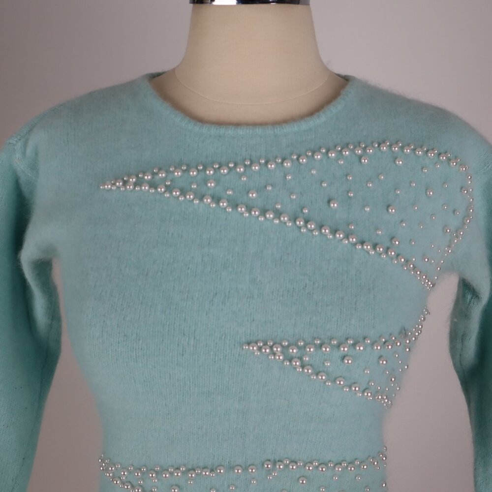❄️ Vtg 80's Baby Blue Angora Pearl Beaded Sweater Warm Pull Over Woman Cardigan